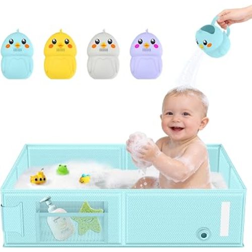 Collapsible Baby Bathtub, Foldable Toddler Bath Tub with Chick Pattern Bath Rinse Cup, No Assembly Portable Travel Bathtub for 6M-5Y, Ideal for Shower, Travel Essentials & Baby Registry Gift