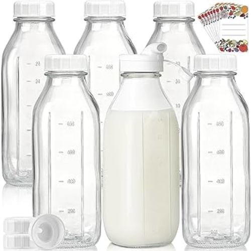 Liter Glass Milk Bottles w 100% Airtight Heavy Duty Screw Lid - 6 Pack 32 Oz Drinking Jars - Food Grade Glass Bottles for Milk, Honey, Jam - Dishwasher Safe(Extra 2 Lids and Stickers Included)