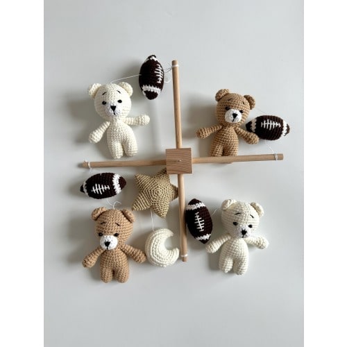 Crochet teddy bears with football baby mobile, football nursery , cute gift for baby shower . 100% pure handmade.