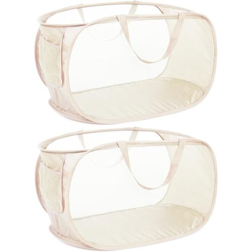Durable Collapsible Laundry Baskets, Mesh Pop Up Laundry Hamper with Side Pocket, Foldable Clothes Hamper with Reinforced Carry Handles for Laundry, Bathroom, Kids Room, Dorm or Travel 2 Pack Beige