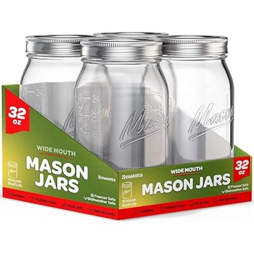 SEWANTA Wide Mouth Mason Jars 32 oz [4 Pack] With Mason Jar Lids and Bands, Mason Jars 32 oz - For Canning, Fermenting, Pickling - Jar Decor - Microwave/Freeze/Dishwasher Safe.