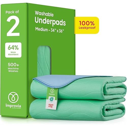 IMPROVIA® Washable Underpads, 34" x 36" (Pack of 2) - Heavy Absorbency Reusable Bedwetting Incontinence Pads for Kids, Adults, Elderly, and Pets - Waterproof Protective Pad for Bed, Couch, Sofa, Floor