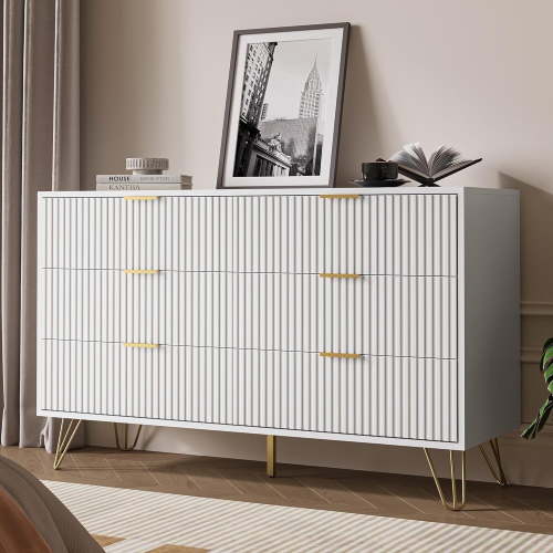 FURNIWAY White 6 Drawer Dresser for Bedroom, Modern Dresser with Gold Metal Handles,Fluted Wood TV Stand for Living Room, Hallway