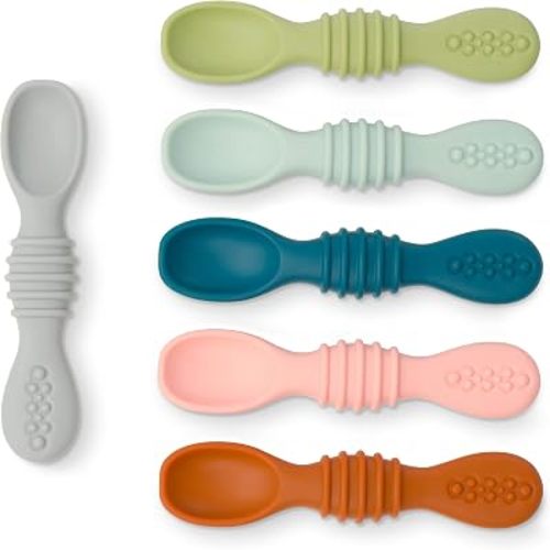 Silicone Baby Spoons Self Feeding (6 Pack)- First Stage Infant Spoons for Babies & Toddlers- Baby Led Weaning Shallow Spoons- Easy on Gums- 6 Months+ -Dishwasher Microwave Safe