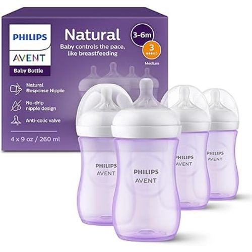 Philips Avent Natural Baby Bottles with Natural Response Nipples (Medium Flow, Flow 3), 9oz, Purple, 4-Pack, SCY903/34
