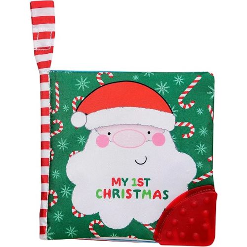 My First Christmas Soft, Crinkle Activity Book with Silicone Teether and Travel Strap, Santa, Green (5 1/2 inch Square)