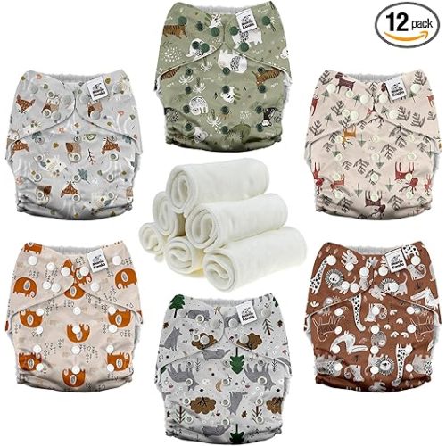 Mama Koala 3.0 Cloth Diapers for Babies with AWJ Lining, 6 Pack with 6 Natural Cloth Diaper Inserts - Reusable and Washable Pocket Diapers (Animals in The Forest)