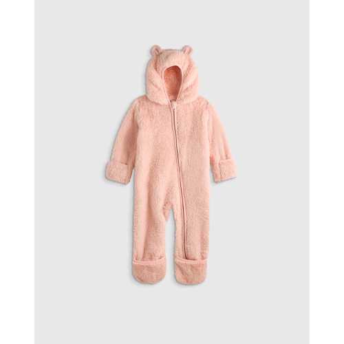 Recycled Sherpa Fleece Baby Bear Bunting - Baby in Cozy Pink