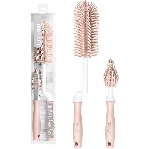 Moyuum Silicone Baby Bottle and Nipple Brush Set | Made in Korea, 360 Degree Rotating Handle, Soft Bristles, Hanging Hole for Quick Drying and Storage, Dishwasher Safe (Coral Beige)