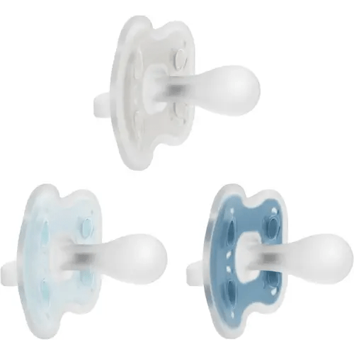Dr. Brown's Advantage One-Piece Silicone Baby Pacifier, Fully Symmetrical Soother, Blue/Light Blue/Gray, 0-6m, BPA Free, 3 Pack