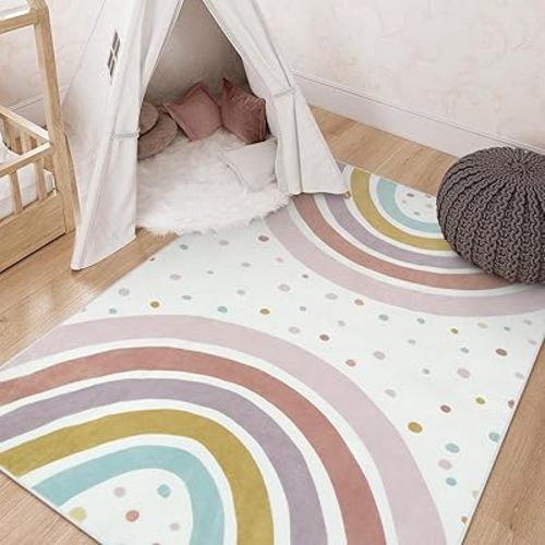 STARUIA Washable Rainbow Rug for Girls Bedroom, Boho Classroom Rug Small 3x5 Area Rugs for Kids Room, Soft Kids Carpet Non-Slip Nursery Rugs for Playroom Tent Baby Dorm