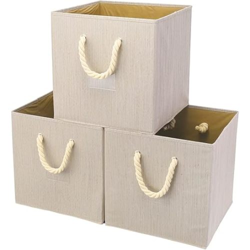 Fabric Cube Storage Bins Beige Storage Boxes Set 13x13x13 inch Baskets with Handle for home&office organization