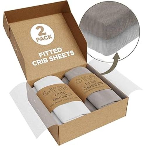 Crib Sheets 100% Organic Jersey Cotton Sheets for Boys & Girls, Fitted Sheets for Standard Crib & Toddler Mattress - Super Soft & Breathable for Cozy Comfort | White + Grey - 52"x28" (2 Pack)