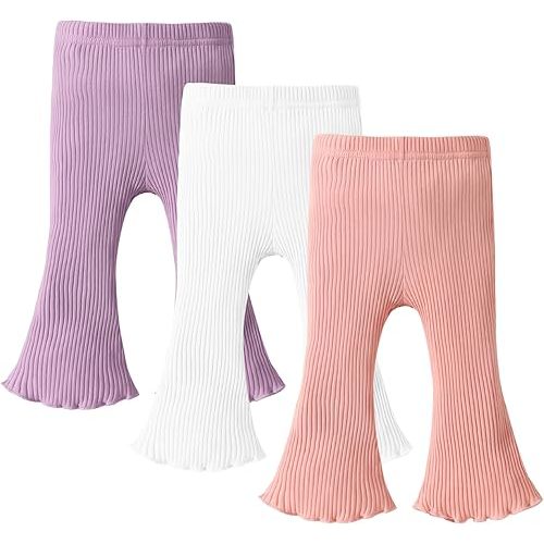 DREAM BUS 3 Pack Baby Girl Pants Toddler Leggings Solid Ribbed Cotton Baby Girls Flare Pants Toddler Bell Bottoms