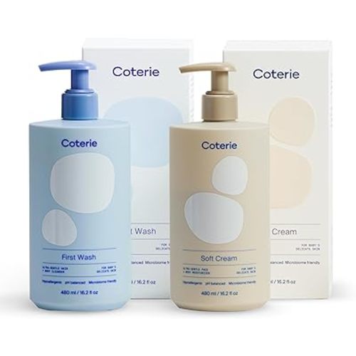 Coterie Baby Bath Skincare Essentials Set | 16.2 oz Shampoo + Body Wash, 16.2 oz Face + Body Lotion | Fragrance Free, Hypoallergenic, pH Balanced, Safe for Newborns & Sensitive Skin