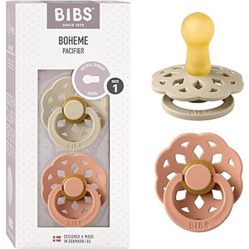 BIBS Pacifiers - Boheme Collection | BPA-Free Baby Pacifier | Made in Denmark | Set of 2 Vanilla/Peach Color Premium Soothers | Size 0-6 Months