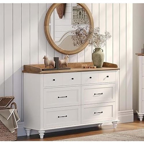 WAMPAT Dresser for Bedroom with 6 Drawers, Wooden Kids Dressers with Wide Chest of Drawers, Mid Century Modern Closet Storage Organizer for Living Room, Nursery, Hallway, Off White