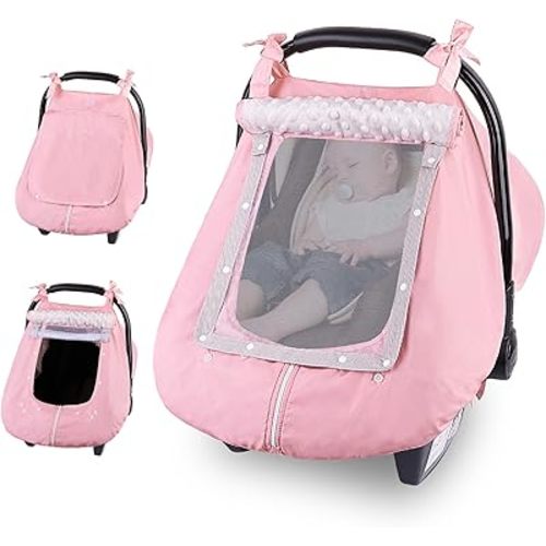 FIOBEE Baby Car Seat Cover, Car Seat Covers for Babies Infant Car Seat Canopy with Breathable Mesh Window Waterproof Carseat Cover for Babies Boy Girl 4 Seasons, Pink