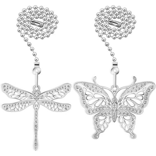 Silver Ceiling Fan Pull Chain Extender,Dragonfly and Butterfly Decorative Fan Chain Pendant Extension,12in Chain 3mm Beaded Fan String Chain Ornaments with Connector for Fan Lamp,2Pack