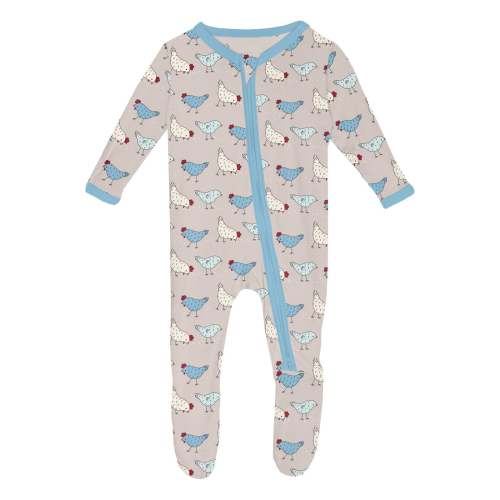 Print Footie with 2 Way Zipper in Latte Chickens