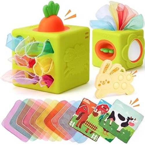 hahaland Baby Tissue Box Toy - Silicone Baby Toys 6-12 Months Montessori Toys for 6 Month Old, 6-in-1 Soft Busy Activity Cube with Scarves, Crinkle, Textures, Mirror, Sensory Popper, 12-18 Months Toy