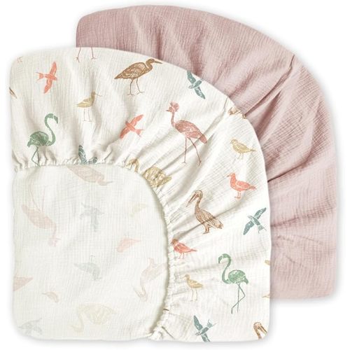 Little Grape Land Muslin Crib Sheets Fitted for Boys and Girls 2 Pack, 100% Cotton Baby Bed Sheets Soft Breathable, Neutral Fitted Baby Mattress Sheets for Standard Crib 52x28 inches, Fog Flower