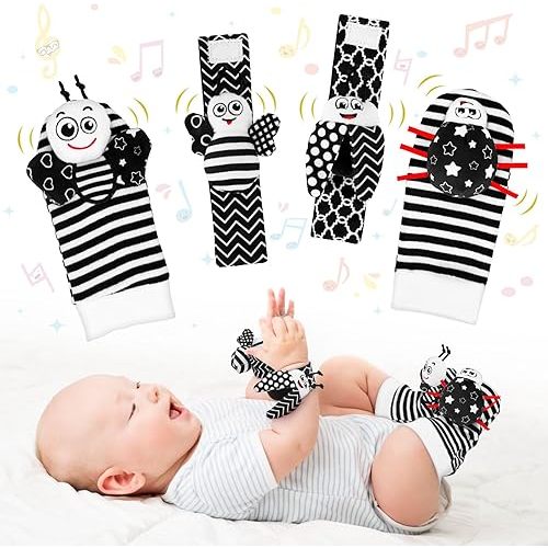 Baby Toys 0-6 Months, 4PCS Foot Finders & Wrist Rattles for Infants Toys Black and White Sensory Toys Baby Essentials for Newborn Wrist Rattle Baby Gifts, Baby Boy Toys 0 3 6 9 Months