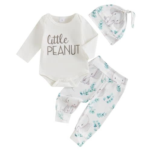 Omkzanbi Newborn Boy Clothes Little Peanut Bodysuit Elephant Jogger Pants Hat Cute 3Pcs Gender Neutral Coming Home Outfit