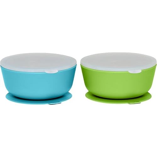 WeeSprout Suction Bowls for Baby & Toddlers (Set of 2) - 100% Silicone w/Plastic Lid - Leak Proof Feeding Supplies - Dishwasher & Microwave Safe Infant Dinnerware w/Extra Strong Base