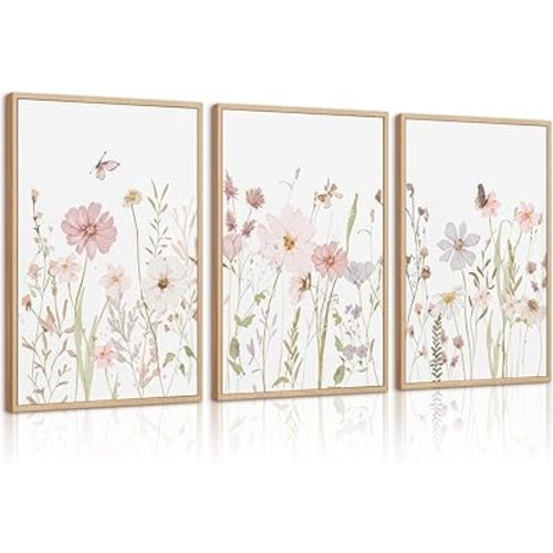 Lhoiplme Wildflower Nursery Wall Art Pink Watercolor Floral Painting Baby Girl Nursery Canvas Wall Decor Vintage Botanical Flower Picture Boho Wildflower Prints for Bedroom 8x10x3 Inch Unframed