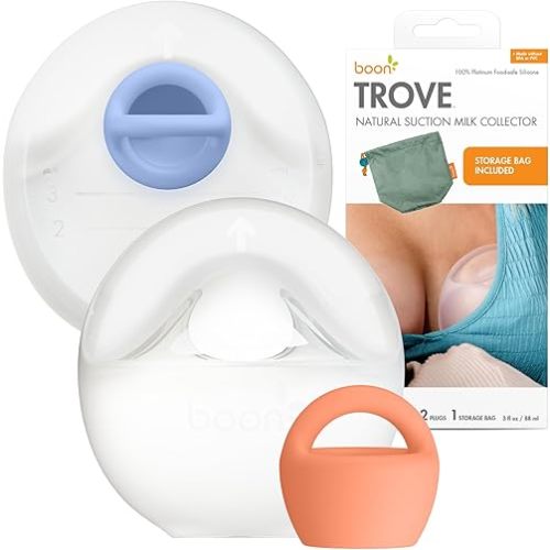 Boon Trove Silicone Manual Breast Pump Set - Hands Free Breast Milk Collector - Includes Polyester Travel Pouch - Breastfeeding Essentials - 2 Count