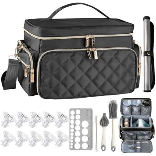 Breast Pump Bag Kit for Spectra S1/S2, Pumping Bag with Bottle Brush Set, 10 Flange Inserts for 24mm Flange, Nipple Ruler, Waterproof Mat, Pump Carrying Case for Work, Travel, Black