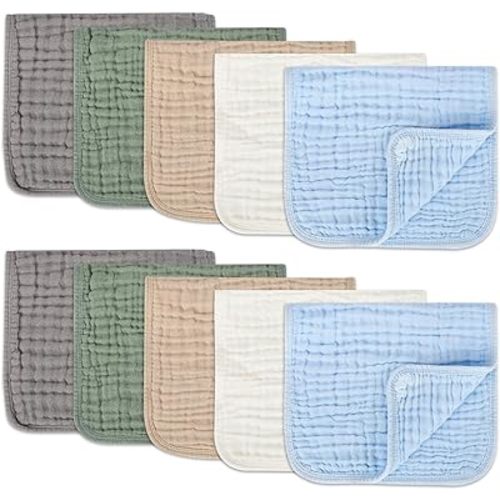 Muslin Burp Cloths Set for Babies 100% Cotton Baby Washcloths, Large 20''x10'' Extra Absorbent and Soft 10 Pack for Boys & Girls Blue Grey Green