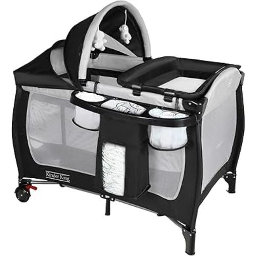 Kinder King 4 in 1 Portable Pack and Play, Baby Playard w/Bassinet, Large Playpen for Infant and Toddler, Newborn Changing Table, Adjustable Canopy, Storage Basket, Travel Bag, Black