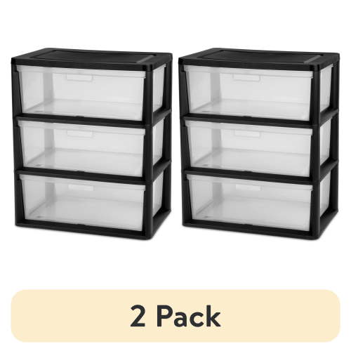 (2 pack) Sterilite Wide 3 Drawer Tower, Plastic Storage Organizer with Removable Clear Bins, Easy to Assemble - No Tools Needed, Black