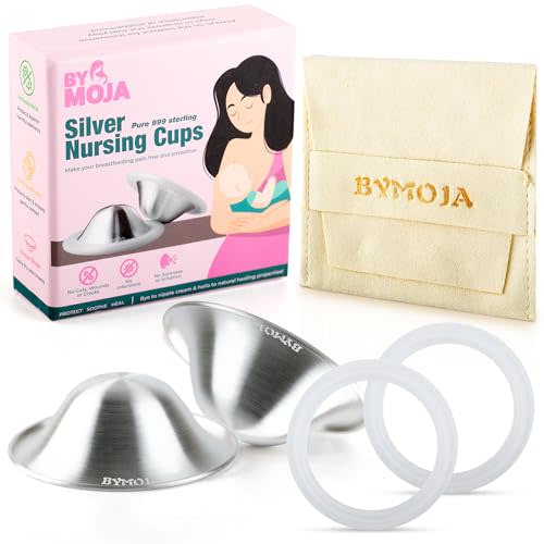 Bymoja Silver Nursing Cups - Made with 999 Silver - 2-Pack Nipple Shields for Breastfeeding - Soothe and Protect Sore Nipples - Essential for Newborn Nursing Moms – Regular Size