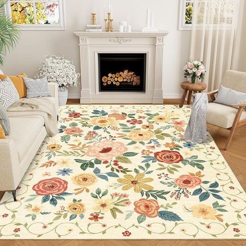 DUKINO 5x7 Area Rug, Floral Rugs for Living Room, Lightweight Non Slip Washable Rug, Indoor Low Pile & Non-Shedding Boho Design Rugs for Bedroom, Living Room, Dining Room, Beige Yellow
