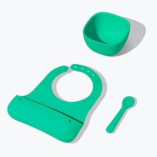 Avanchy Roll and Go Baby Bibs for Babies Toddlers Kids, Silicone Bib Set with Spoon, Soft Waterproof Adjustable Feeding Bib