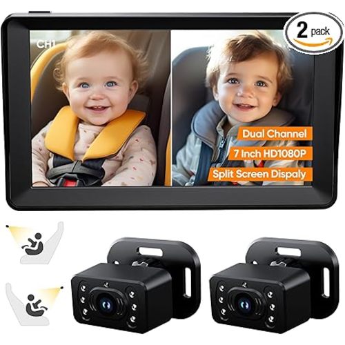 Baby Car Camera for 2 Kids - 7 Inch HD1080P Split Screen Baby Monitor with Dual Backseat Camera 150° Wide View & 360° Rotatable, Night Vision Easy Install, Rear-Facing Baby Car Mirror