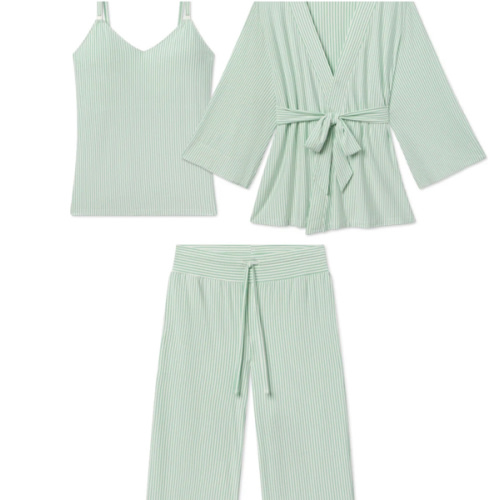 LAKE | Women | DreamModal Pajamas | Parisian Green Pencil Stripe Maternity Kimono Bundle