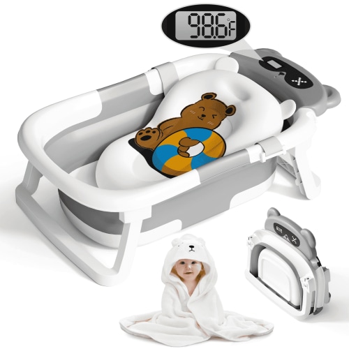 COOSEYA Bear Collapsible Baby Bathtub for Infants, Bath Tub with Cushion and Thermometer, for Newborn to Toddler Portable Travel Multifunctional Bathing 0-2 years (Gray)