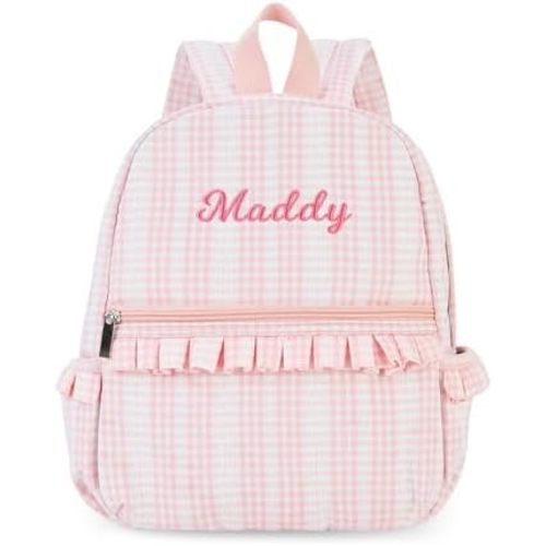 MT WORLD Ruffle Daycare Backpack Personalized Peach Gingham Backpack with Embroidered Name - 12inch Little Dancer Daypack with Lace - Small Daycare Bag for Travel Birthday Christmas Gifts