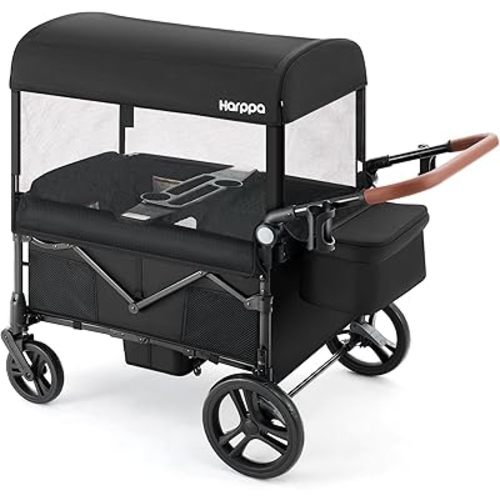 HARPPA Foldable Wagon for Kids, 4 Seater Stroller Wagon with Seats, One-Button Fold, UPF50+ Canopy & Mosquito Net, All-Terrain Wheels, Adjustable Handle, Easy to Store Black