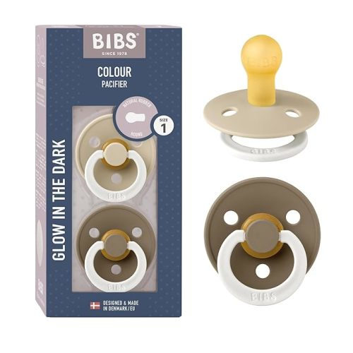 BIBS Pacifiers Colour Collection | Natural Rubber Baby Pacifier | Set of 2 BPA-Free Soothers | Made in Denmark | 0+ Months (Pack of 2) | Vanilla Night/Dark Oak Night