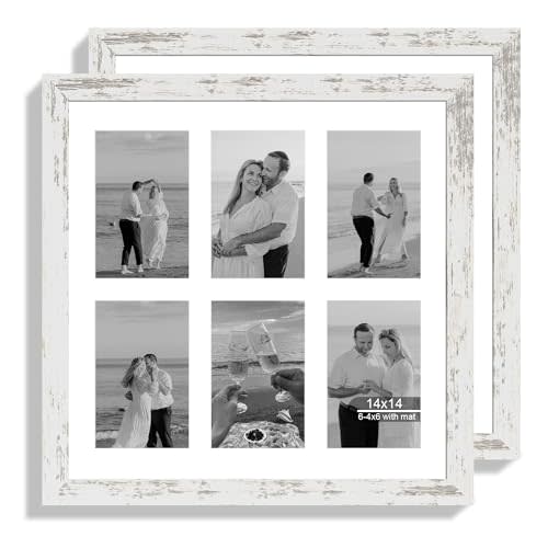 Hongkee 14x14 Picture Frame Set of 2, Distressed White with Glass Collage Frame, Display Photo Six Opening 4x6 With Mat or 14 x 14 Without Mat - Horizontal or Vertical Wall Mounting