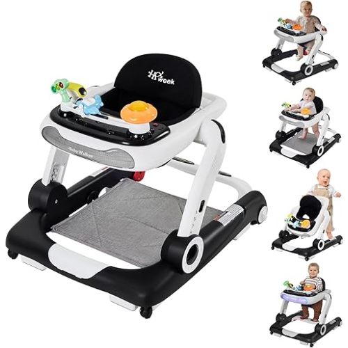 Baby Walker,4-Gear Height Adjustable Baby Walker with Wheels,5 in 1 Baby Activity Center,Music and Lights Bouncer Walker for Baby Boy 6-18 Months,Adjustable Speed Baby Push Walker