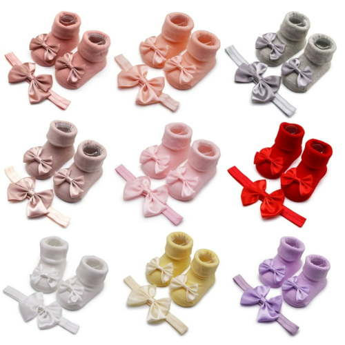 Newborn Baby Girl Toddler Lace Bow Ankle Anti Slip Socks+Hairband,kids Socks Girls 3-12 Months