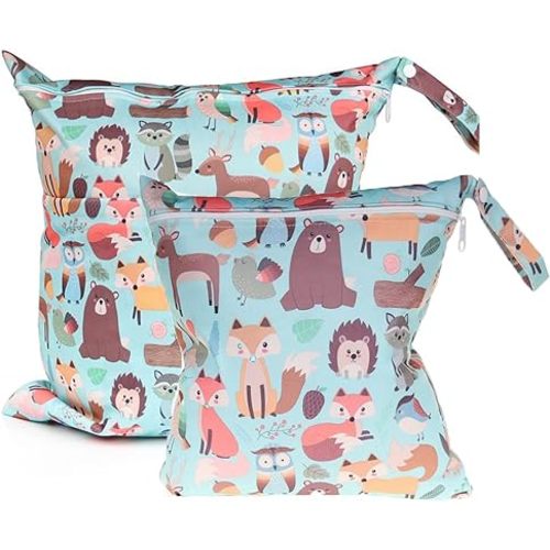 Wet Dry Bag for Cloth Diapers, 2PCS Waterproof Reusable Wet Bag with Zippered Pockets, Washable, Reusable for Travel, Beach, Pool, Stroller, Diapers, Dirty Gym Clothes, Swimsuits, 14x12In & 12x11In