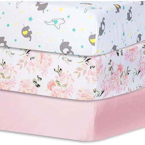 Bimocosy Crib Sheets Fitted for Boys Girls 3 Pack Baby Crib Mattress Sheets Very Cool Size 28"x 52" for Standard Crib and Toddler Mattresses Breathable (Cerulean Dumbo/Dancing Flower Fairies)