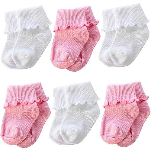6 &12 Pairs Infant Toddler Baby Kids Turn Cuff Ruffle Cotton Socks